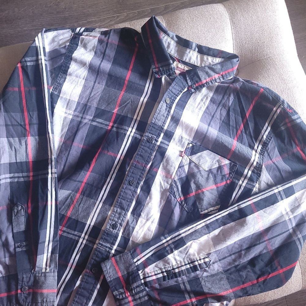 Levis Shirt Mens Red Black Plaid Long Sleeve Button Down Flap Pocket Size XXL